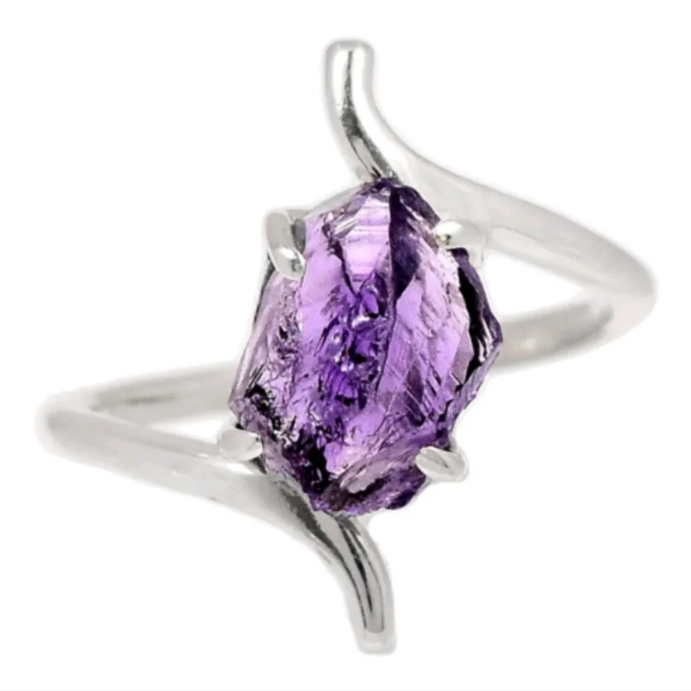 925 STERLING SILVER ROUGH CUT GENUINE AMETHYST RING - Picture 1 of 1